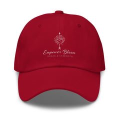 Unisex hat Empower Bloom Hat | Rose and Arrow Logo - Grace & Strength | Classic Statement Cap in red