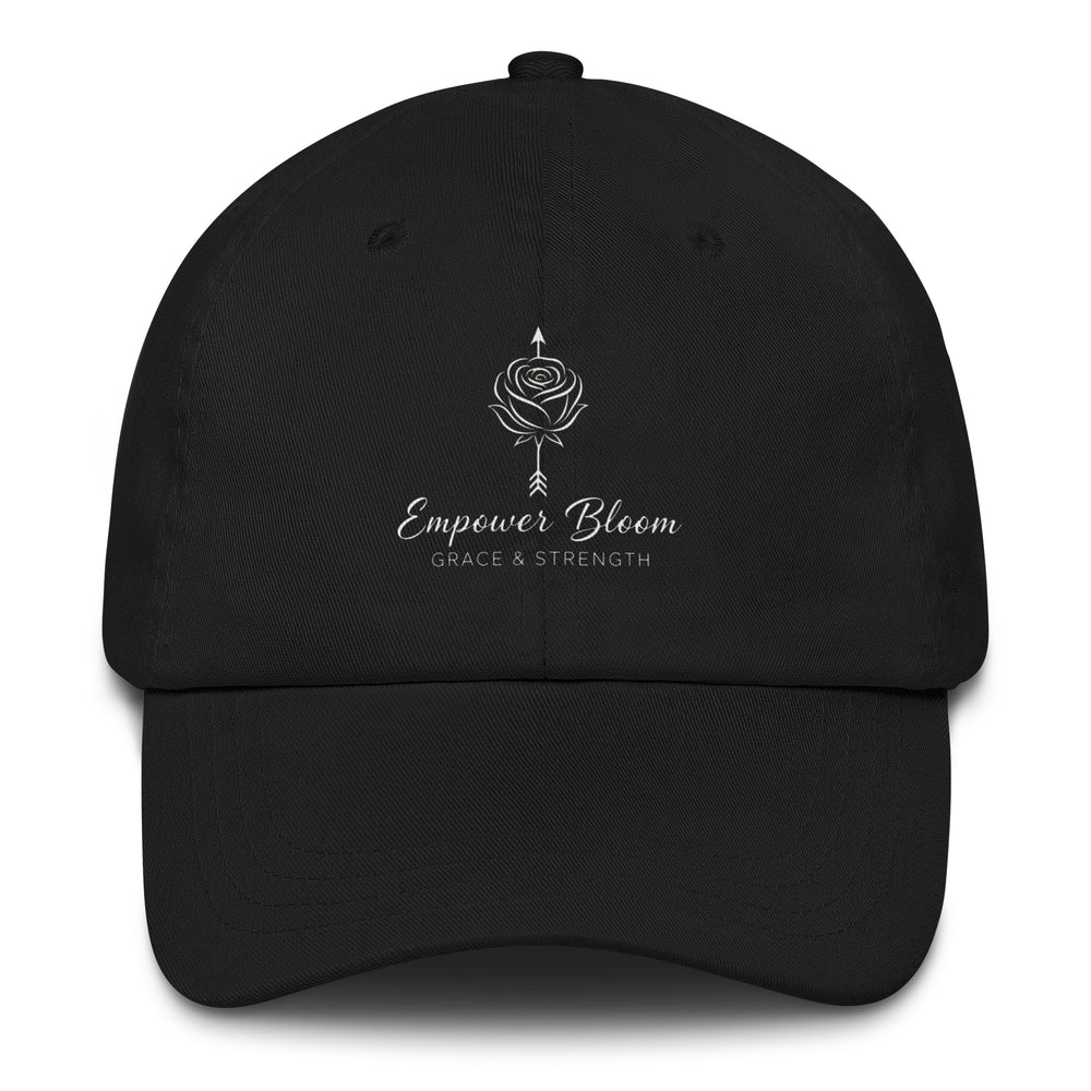 Unisex hat Empower Bloom Hat | Rose and Arrow Logo - Grace & Strength | Classic Statement Cap in black color.