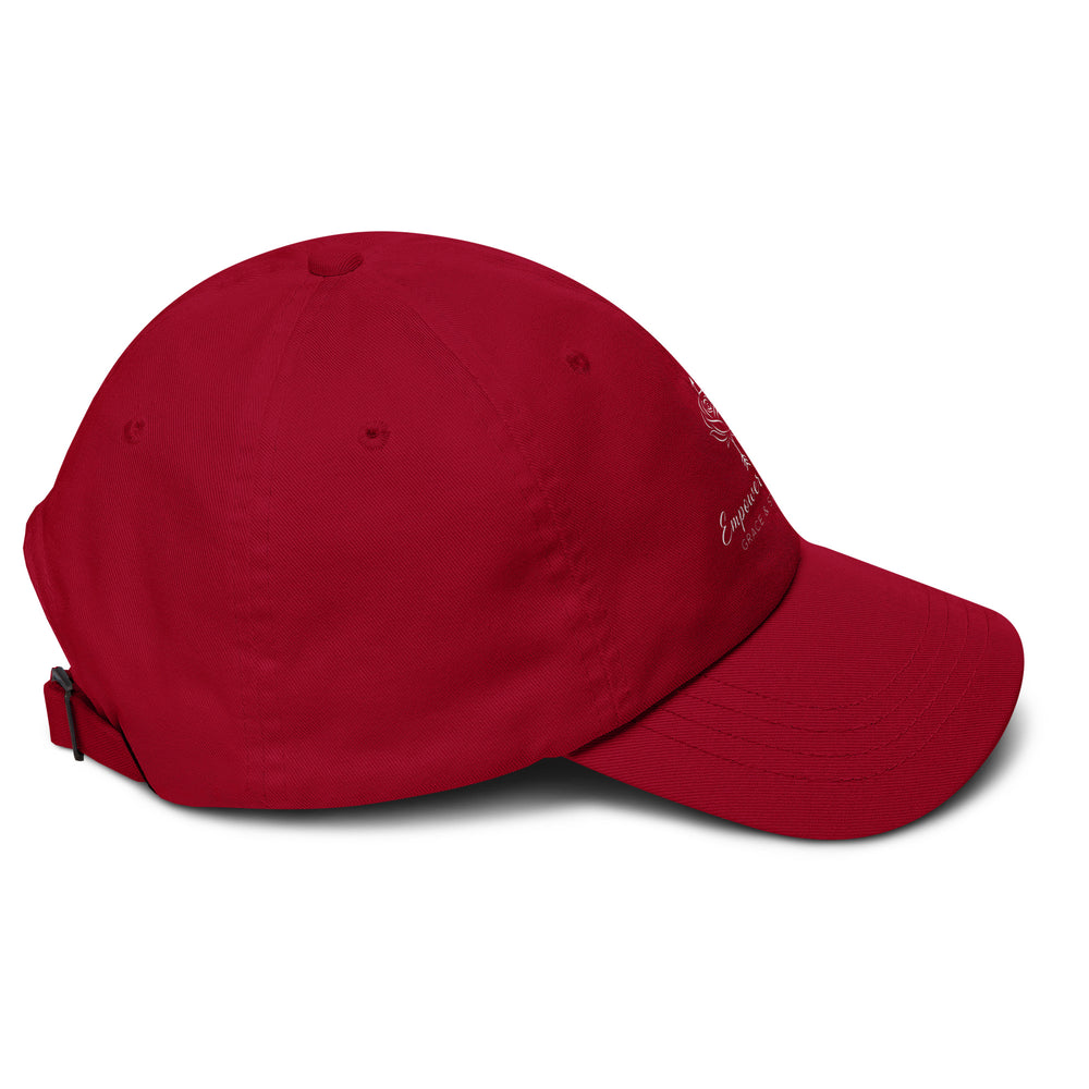 Unisex hat Empower Bloom Hat | Rose and Arrow Logo - Grace & Strength | Classic Statement Cap in red color.
