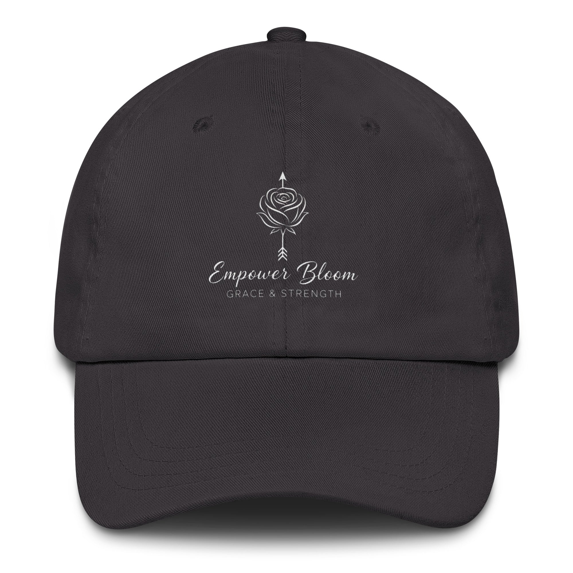 Unisex hat Empower Bloom Hat | Rose and Arrow Logo - Grace & Strength | Classic Statement Cap front view on a black background.