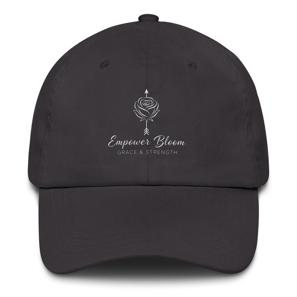 Unisex hat Empower Bloom Hat | Rose and Arrow Logo - Grace & Strength | Classic Statement Cap front view on a black background.