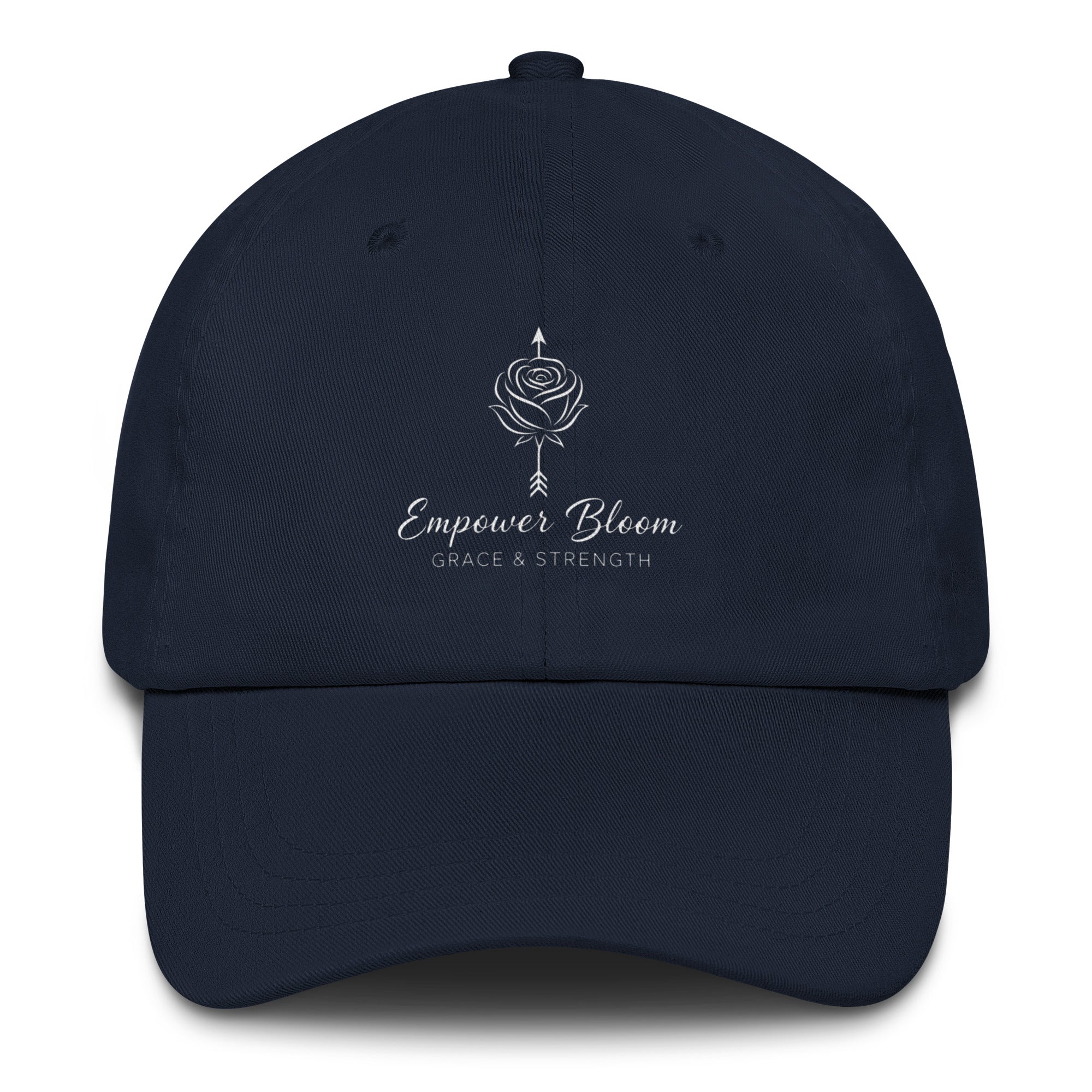 Unisex hat Empower Bloom Hat | Rose and Arrow Logo - Grace & Strength | Classic Statement Cap in navy blue