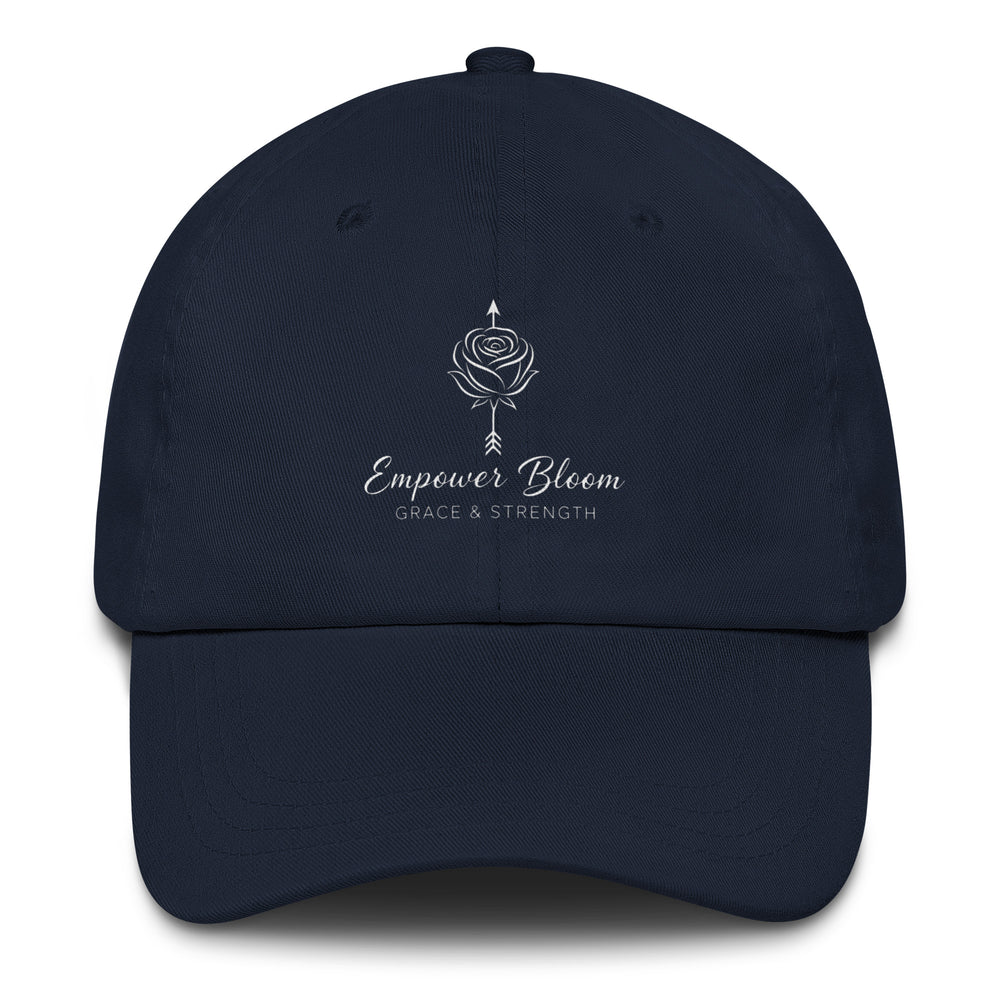 Unisex hat Empower Bloom Hat | Rose and Arrow Logo - Grace & Strength | Classic Statement Cap in navy blue