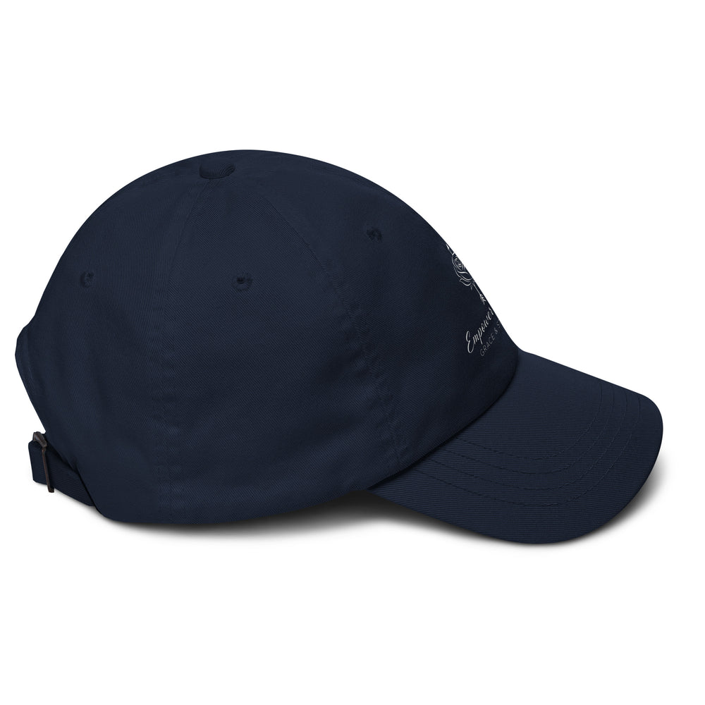 Unisex hat Empower Bloom Hat | Rose and Arrow Logo - Grace & Strength | Classic Statement Cap in navy color.