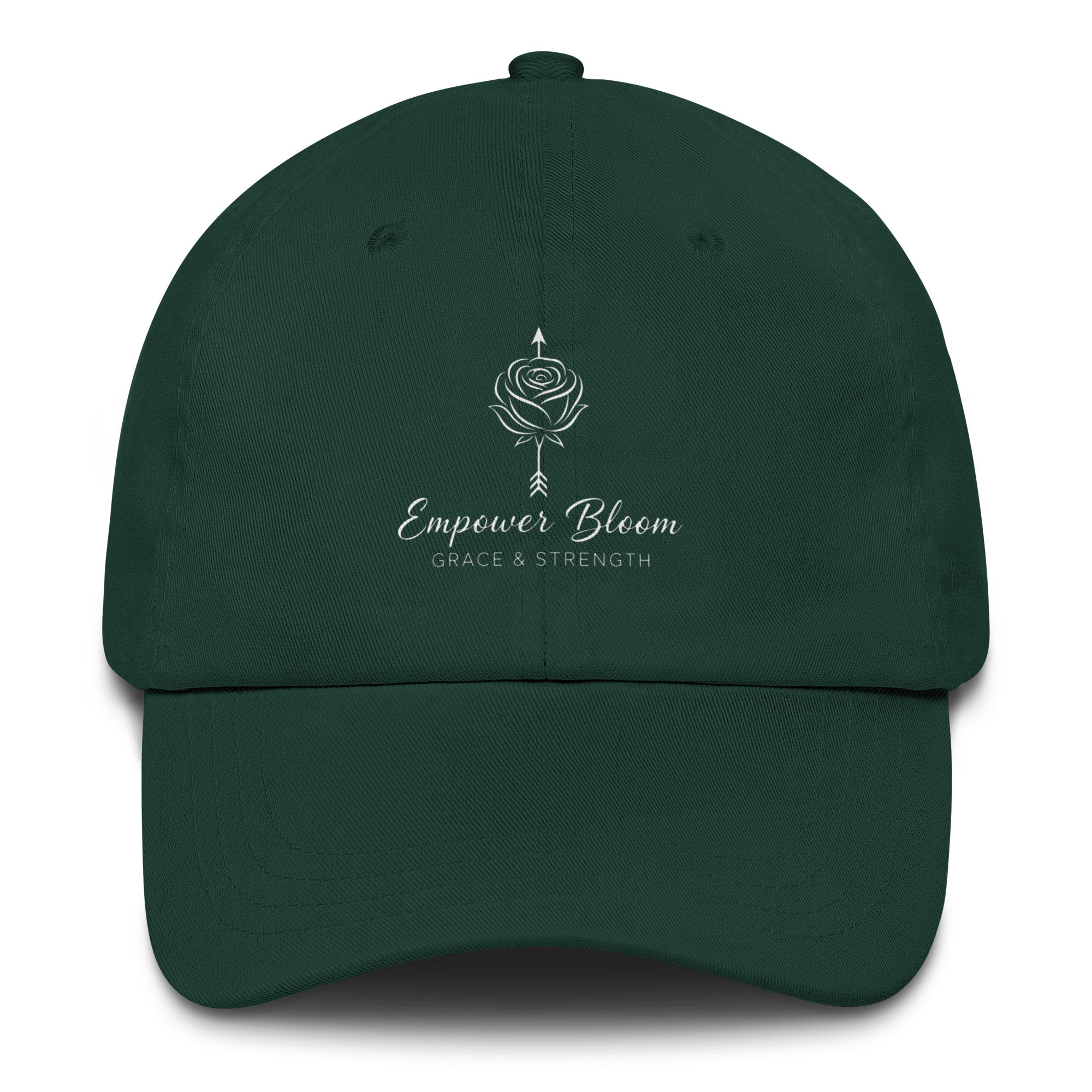 Unisex hat Empower Bloom Hat | Rose and Arrow Logo - Grace & Strength | Classic Statement Cap in dark green with embroidered design.