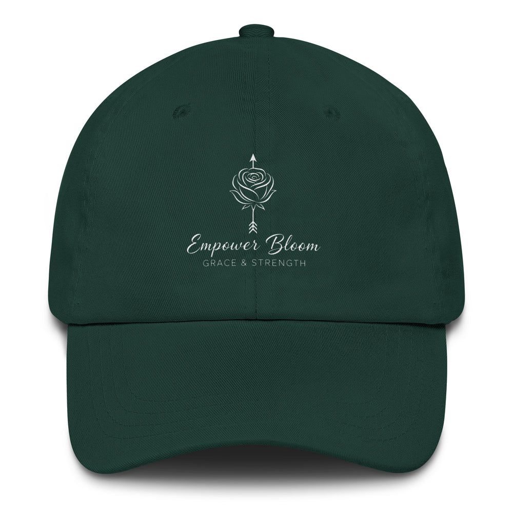 Unisex hat Empower Bloom Hat | Rose and Arrow Logo - Grace & Strength | Classic Statement Cap in dark green with embroidered design.